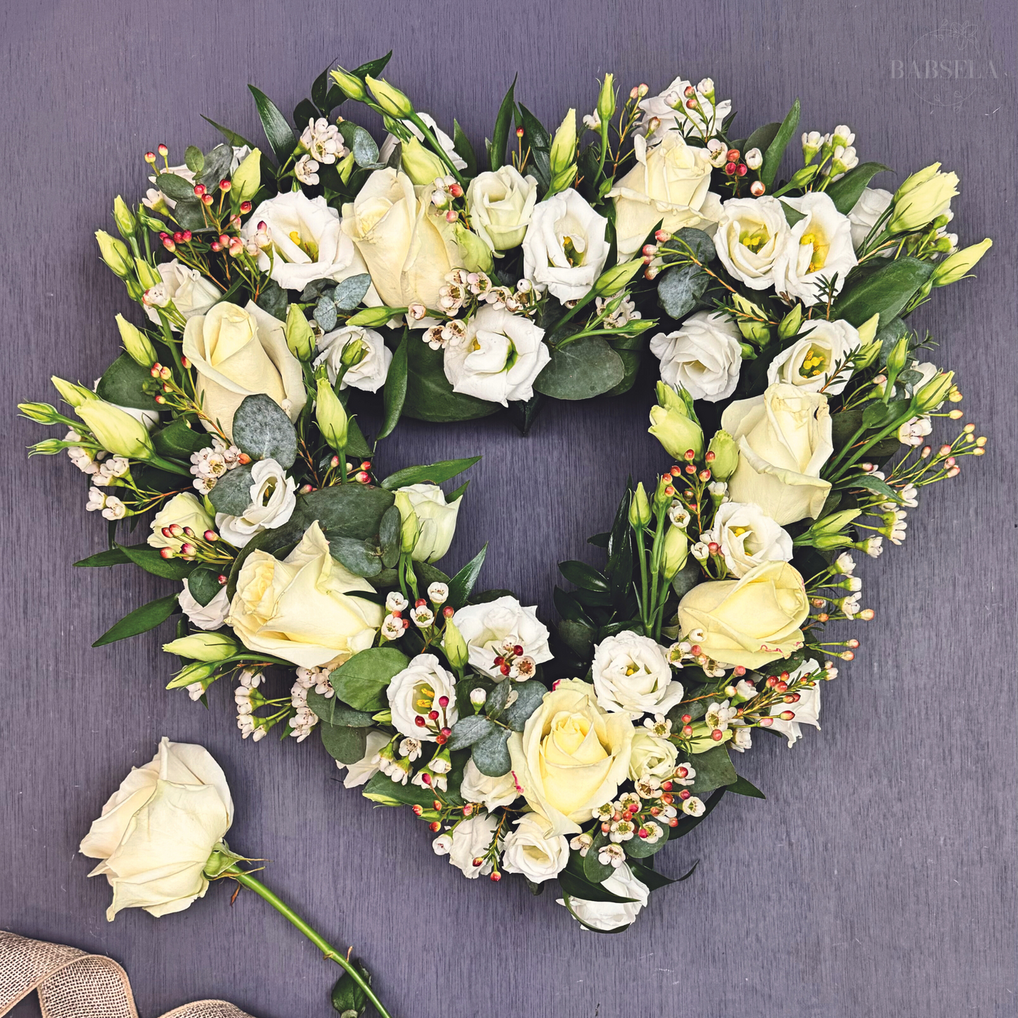 Heart-Shaped Floral Wreath with White Roses and Lisianthus - Order from Florist in Bromley