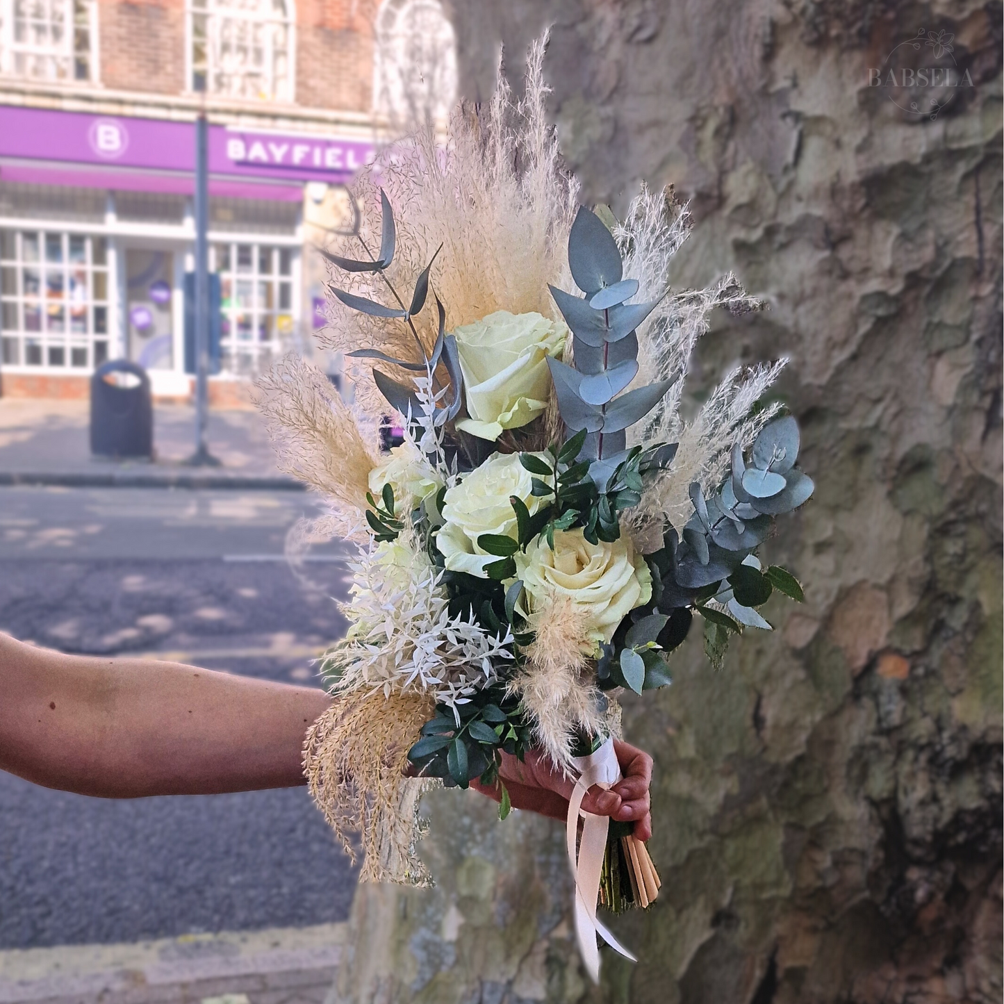 Bohemian Rhapsody Bouquet from Babsela Florist Beckenham, featuring white roses and pampas grass. Delivery to Beckenham, Croydon, and Bromley