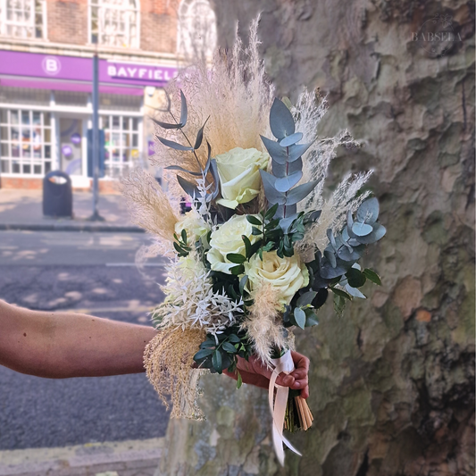 Bohemian Rhapsody Bouquet from Babsela Florist Beckenham, featuring white roses and pampas grass. Delivery to Beckenham, Croydon, and Bromley