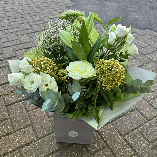 Ivory Oasis Bouquet with White Roses and Eucalyptus - Same Day Delivery by Babsela Flowers in Bromley